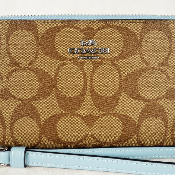 Coach Wallet Long Zip Around Signature Canvas Leather Khaki Waterfall Blue C4452 - Picture 2 of 10